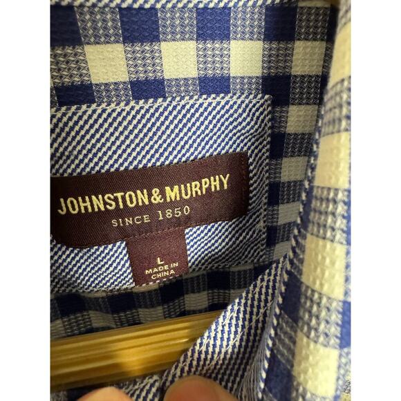EUC Johnston Murphy Textured Cotton Dress Shirt Mens L Blue Check Plaid Button - Picture 6 of 11